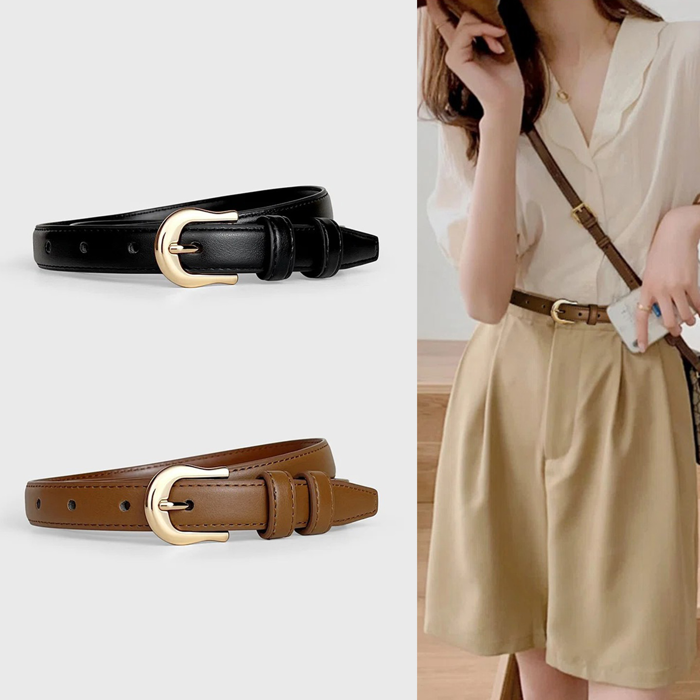 棕色小皮带女2025新款细腰带配西裤简约百搭时尚潮流牛仔裤带装饰
