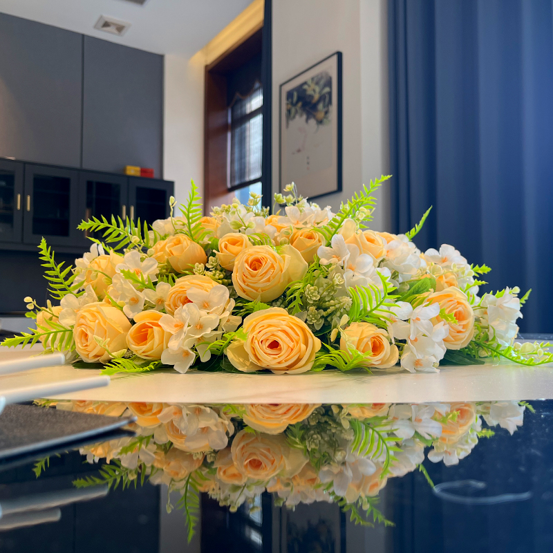 高端大圆桌中间摆花餐桌花酒店转盘装饰花假花仿真花台花绢花摆件