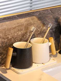 木柄陶瓷漱口杯情侣套装牙刷杯洗漱杯牙缸一对家用创意中式口杯