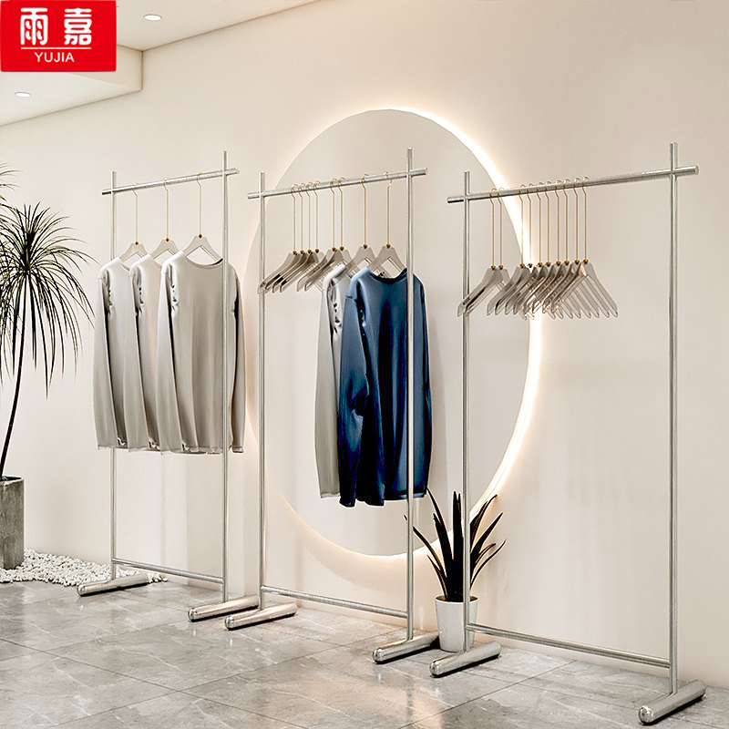 服装店网红挂衣架不锈钢拉丝银货架落地式挂衣杆服装展示陈列架子