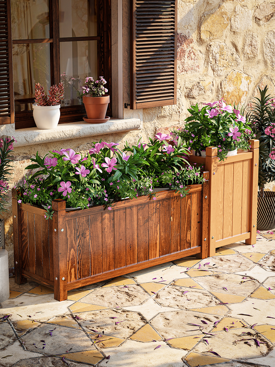 户外防腐木花箱组合庭院长方形花槽白色花盆露台种植箱花园种菜箱