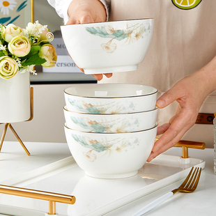 陶瓷米饭碗碟套装家用新款轻奢金边餐具加厚可微波面碗汤碗盘组合