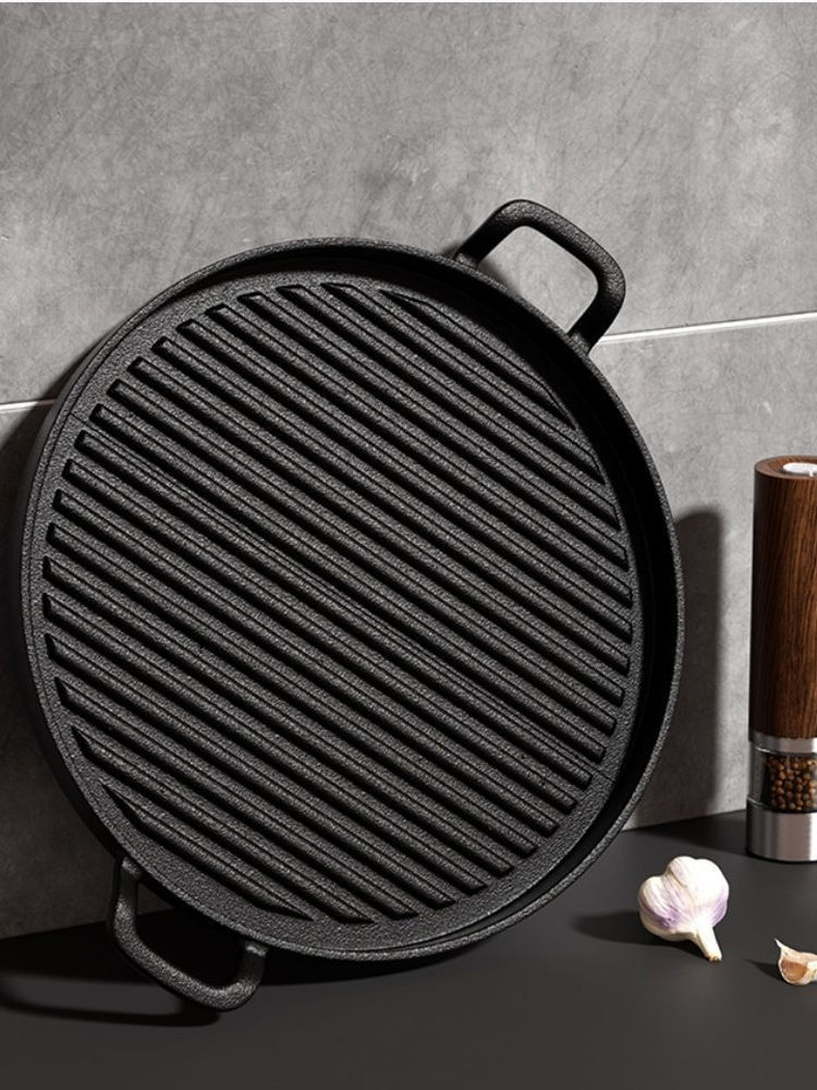 铸铁烤盘盘不粘牛排煎锅电磁炉平底锅烤肉家用商用圆铁板烧生铁锅