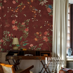 壁画定制法式牡丹花鸟壁纸卧室餐厅轻奢壁布客厅电视背景墙纸墙布