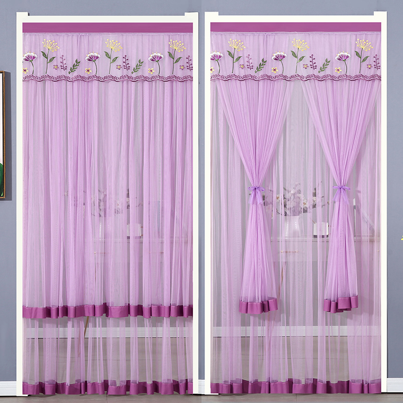 蕾丝门帘家用免打孔夏季双层纱帘子卧室厨房魔术贴防蚊门帘隔断帘