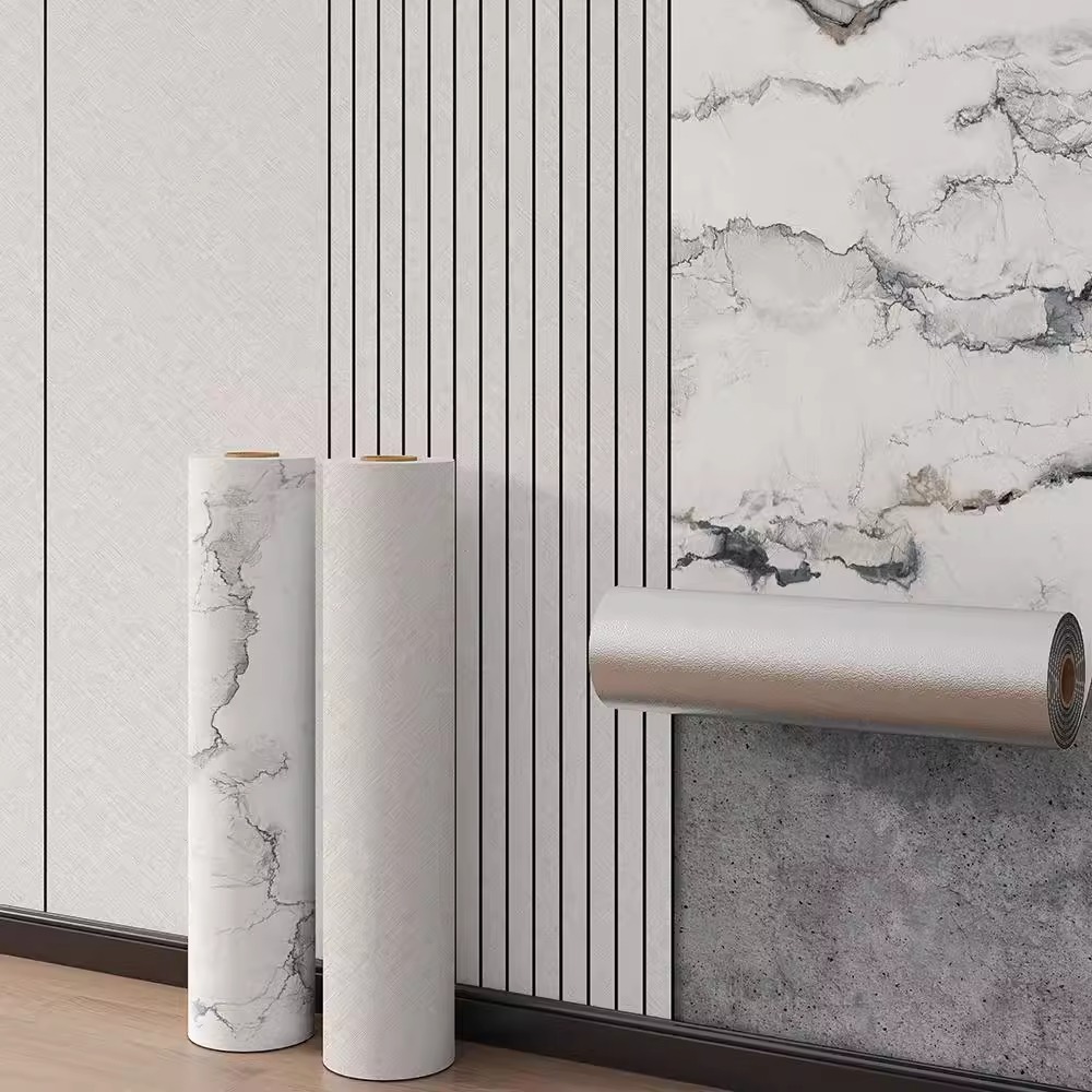 岩板大理石自粘墙纸防水防潮素色贴纸3D立体格栅板电视背景墙壁纸