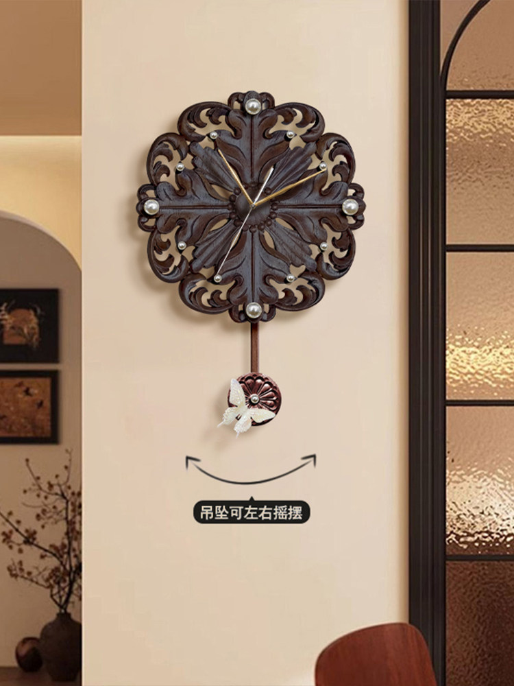 中古风客厅挂钟高级感钟表创意镂空花卉时钟立体珍珠餐厅表挂墙