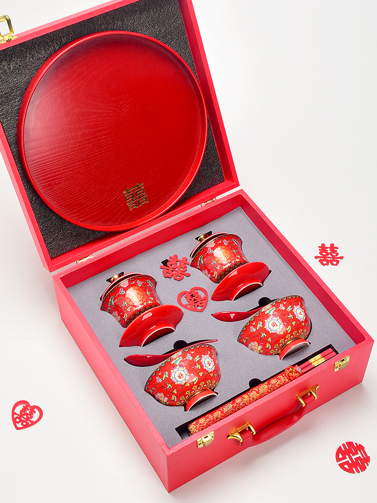 结婚敬茶杯套装珐琅彩婚庆红色改口杯子陶瓷喜碗新婚碗筷陪嫁用品