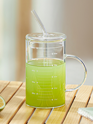玻璃杯大容量1000ml刻度喝水杯办公室带盖吸管杯夏季女生花茶杯子