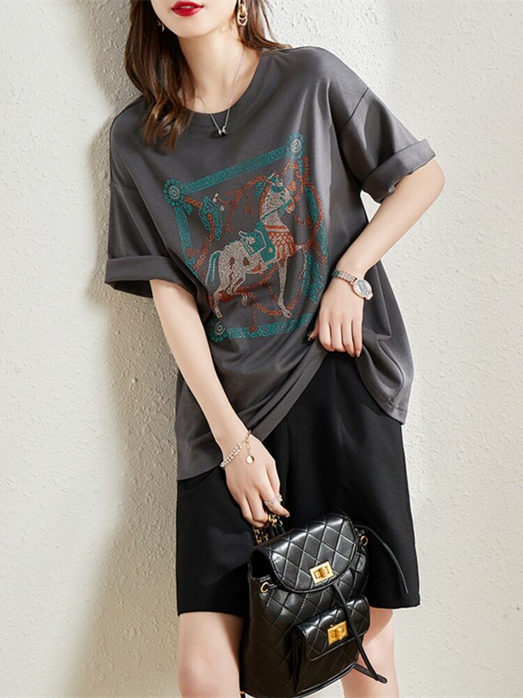 休闲短袖T恤女2026夏季新款宽松大码显瘦烫钻印花半袖体恤上衣薄