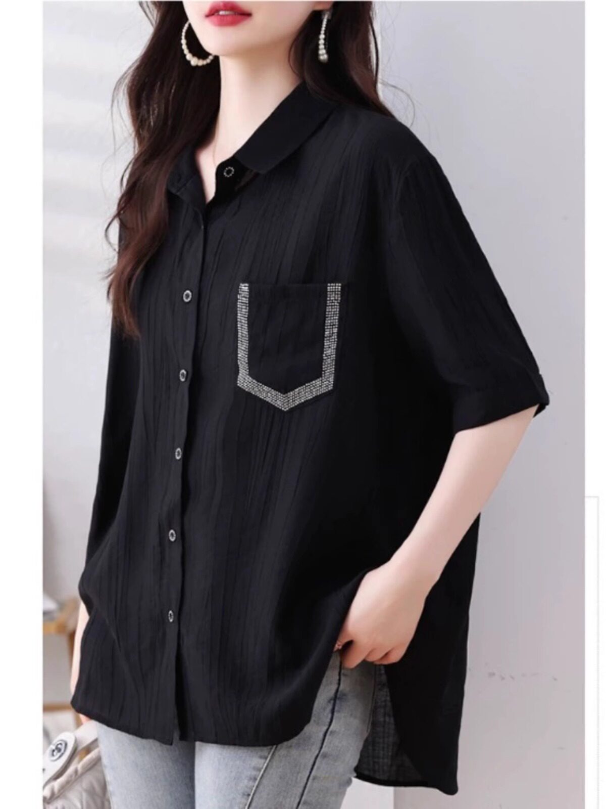 黑色翻领短袖衬衫女夏季新款时尚设计感女士POLO领中袖衬衣上衣薄