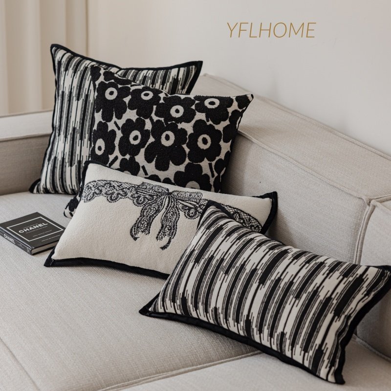 现代简约黑白抱枕轻奢复古蝴蝶结腰枕客厅沙发靠枕卧室床头靠垫套