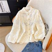 白色打底衬衫 女春秋款 大码 蕾丝长袖 胖高级感新中式 国风盘扣0207e