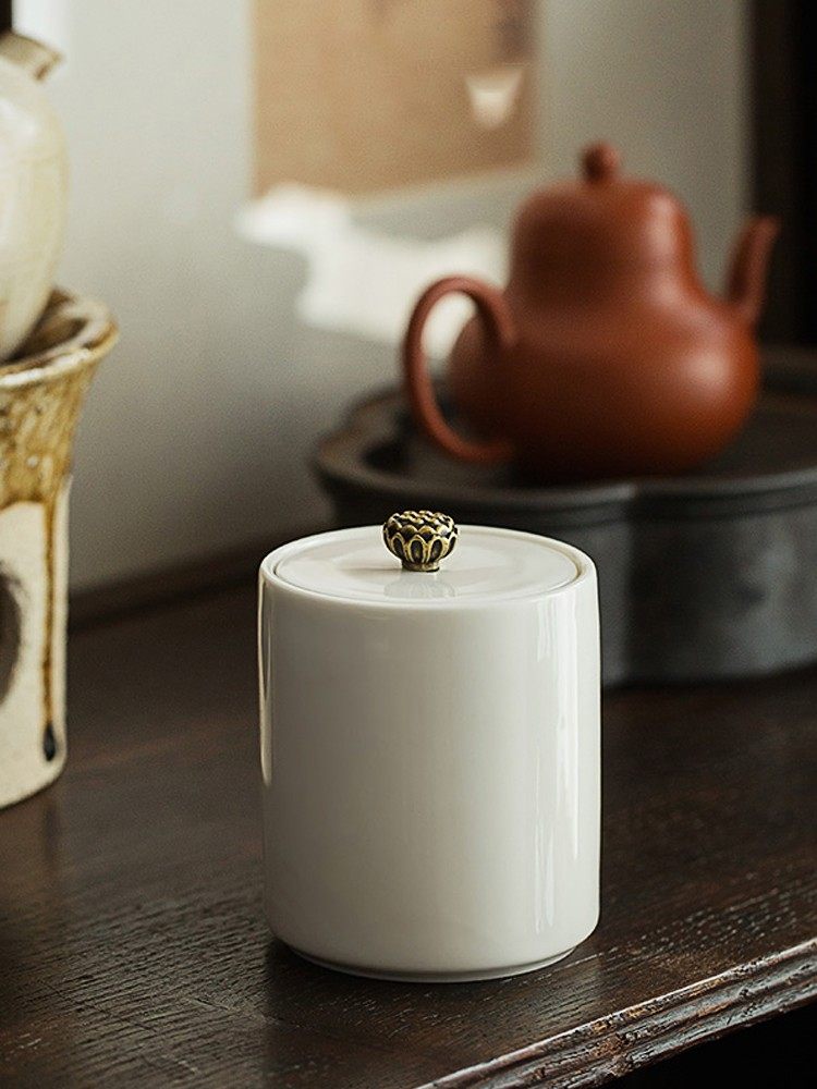 憨人白瓷醒茶罐茶叶罐 陶瓷密封罐子小号家用茶仓便携茶具小茶罐