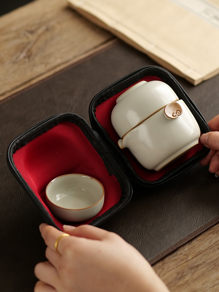 汝窑旅行茶具便携式一壶两杯单人陶瓷泡茶手抓茶杯办公喝茶快客杯