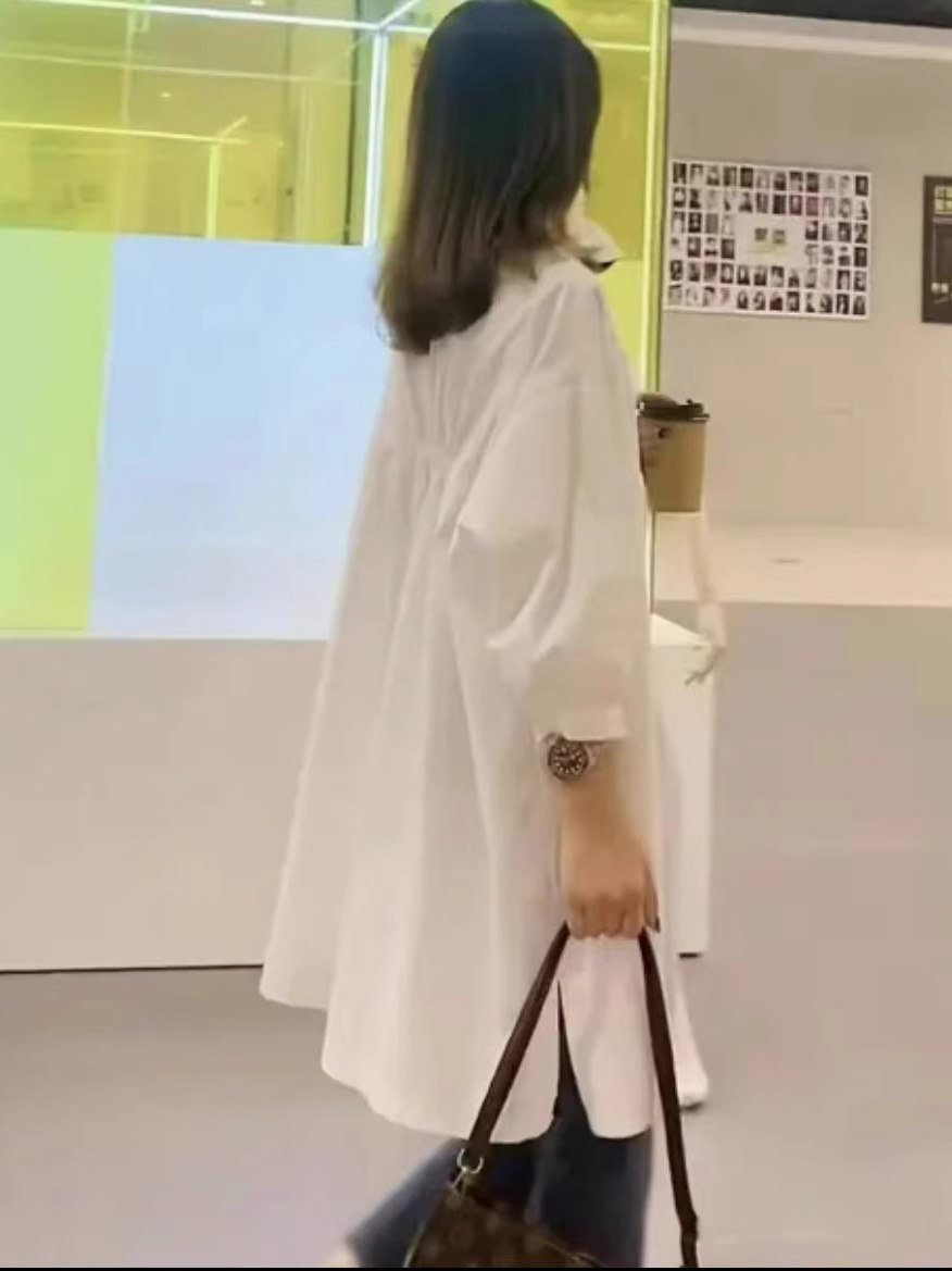 白色翻领七分袖衬衫女秋季欧货宽松大版下摆开叉慵懒风中长款开衫