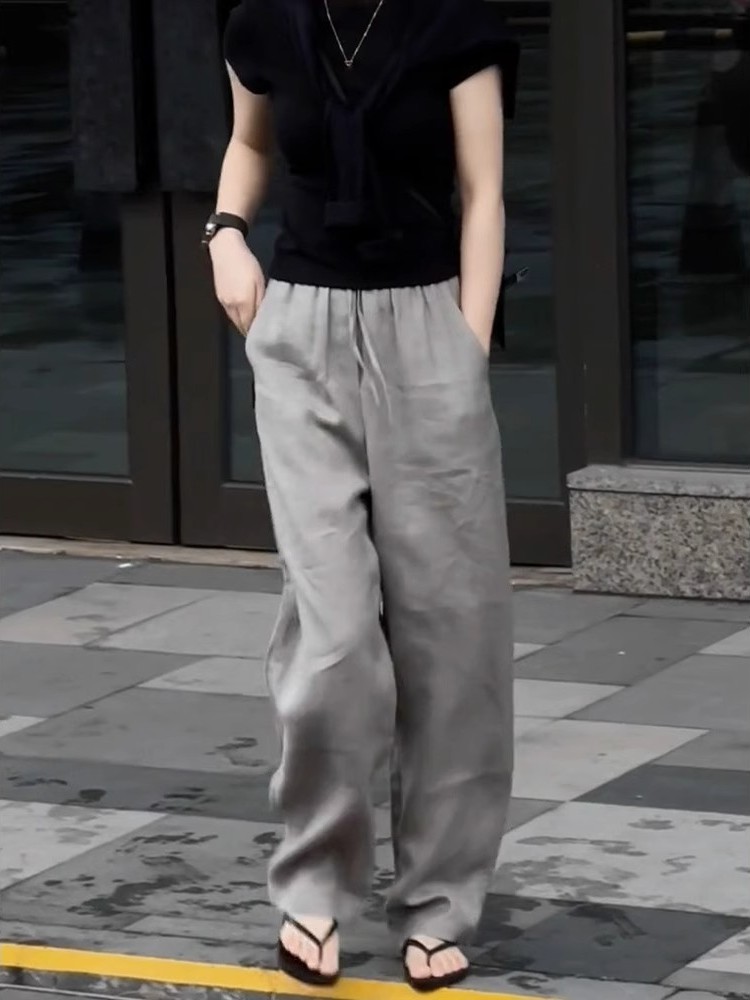棉麻阔腿裤女夏季欧货薄款亚麻休闲裤松紧高腰垂感苎麻直筒长裤子