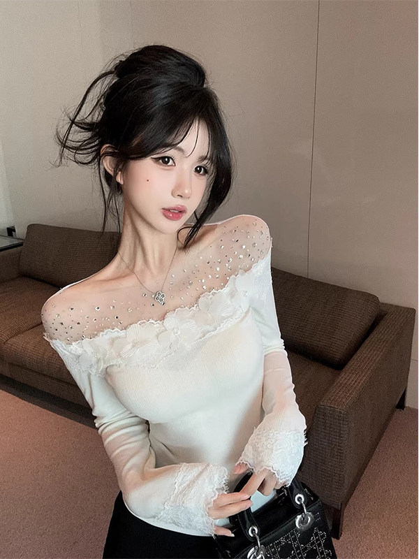 白色重工烫钻蕾丝一字领打底衫女春秋欧货百搭款拼接长袖修身上衣
