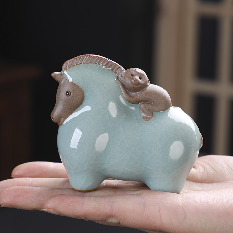 若善陶瓷汝窑哥窑茶盘茶宠摆件精品个性可养创意马上封侯拜相茶宝