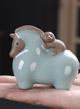 若善陶瓷汝窑哥窑茶盘茶宠摆件精品个性可养创意马上封侯拜相茶宝