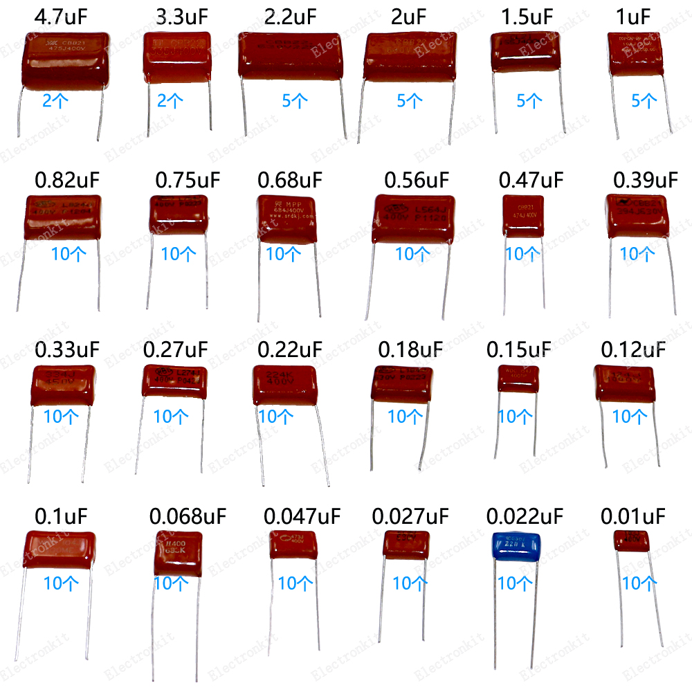 24种204个CBB电容器直插400V系列金属薄膜电容器0.01uF~4.7uF混装