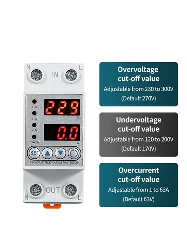 自复式过欠压保护器63A 2P电流电压大小可调过流过压欠压延时保护