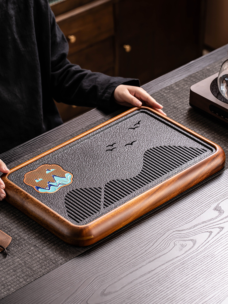 仿乌金石茶盘家用小型蓄排两用干泡茶台简约现代中式功夫茶具托盘