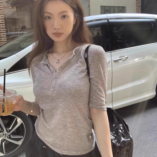 韩系正肩灰色短袖T恤女夏季亨利领袖T恤衫修身显瘦V领0809e