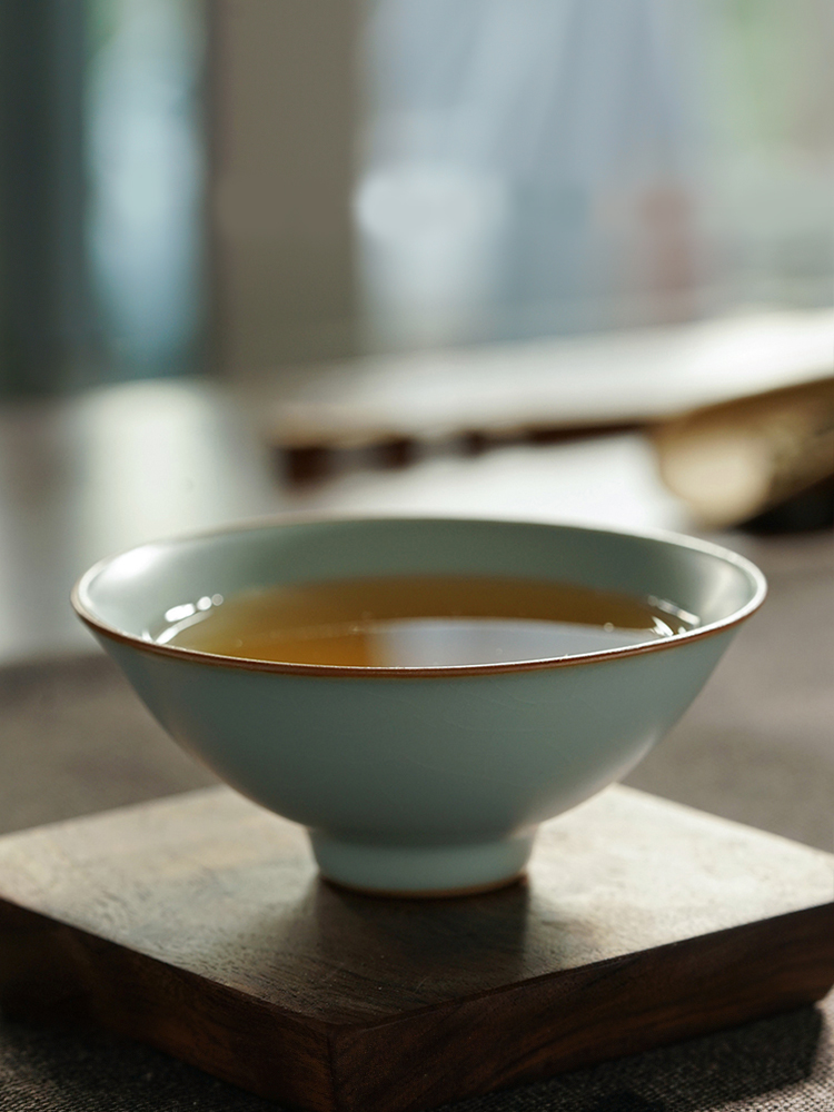 汝窑斗笠杯景德镇茶杯陶瓷品茗杯主人杯开片可养手工天青色冰裂釉