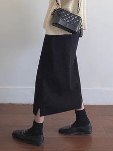 黑色毛呢半身裙女秋冬新款高腰开叉a字裙遮胯显瘦大码中长款裙子