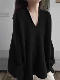 黑色中长款v领毛衣女秋冬新款时髦宽松慵懒风显瘦套头长袖针织衫