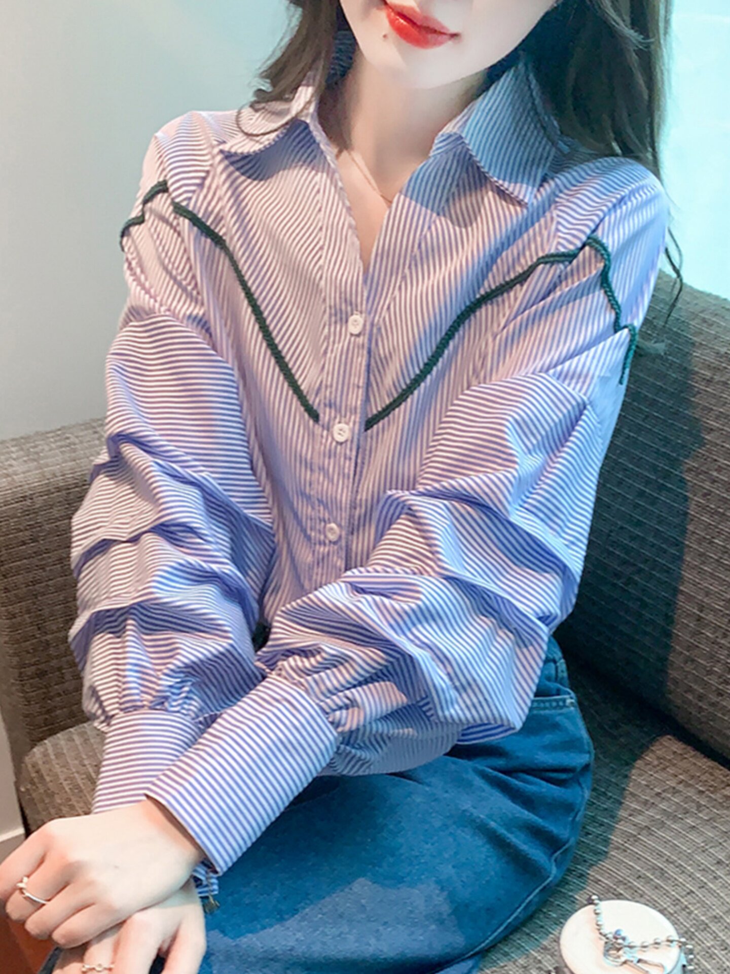 法式polo领条纹衬衫女长袖2025早秋新款时尚百搭宽松显瘦衬衣上衣