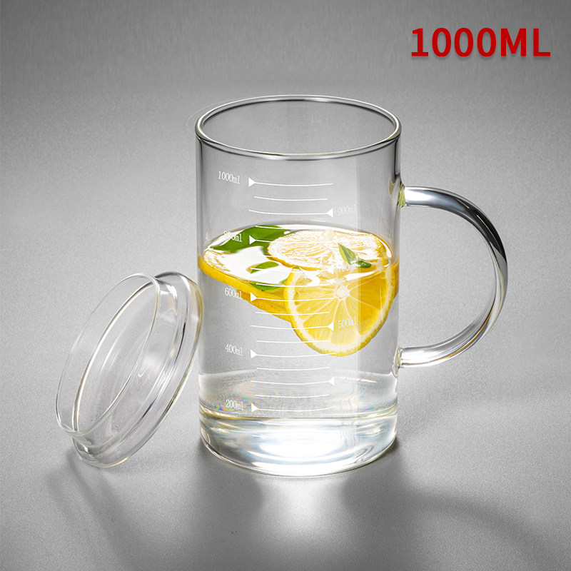 1000毫升玻璃杯家用耐高温高硼硅刻度水杯量杯办公室喝茶把手杯子