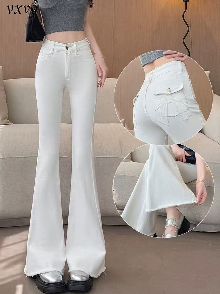 高弹力白色毛边微喇牛仔裤女2026春季高腰修身显瘦刺绣喇叭马蹄裤