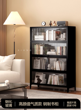 黑色钢制书柜储物柜一体带门金属书架玻璃手办展示柜铁皮置物柜