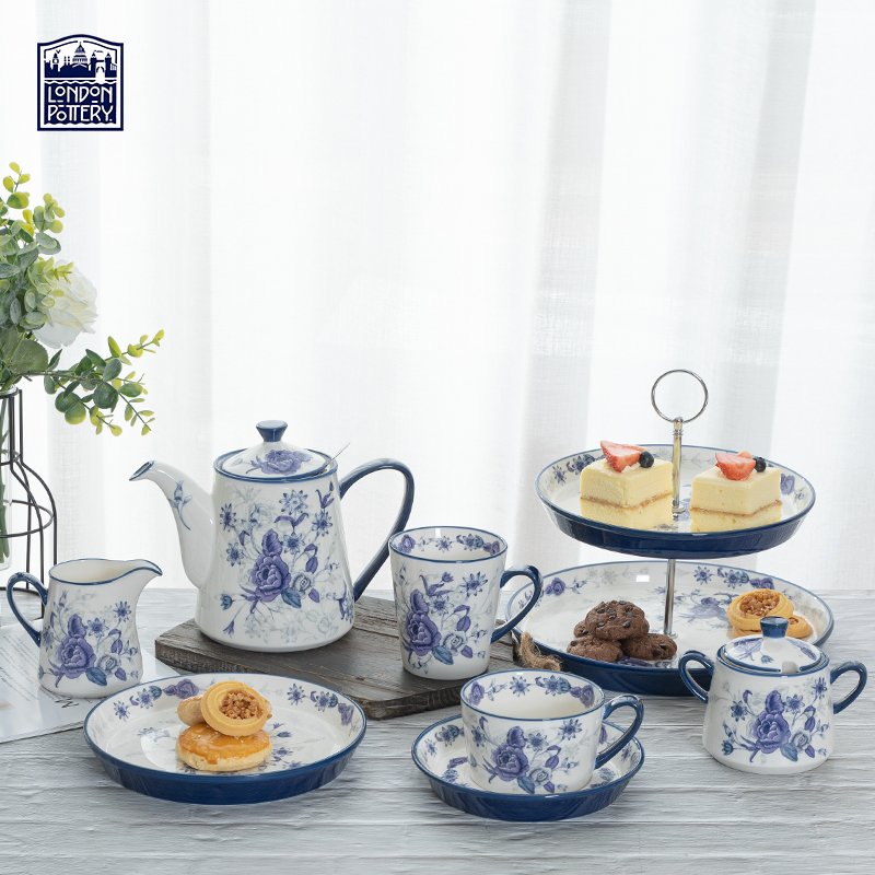 London Pottery蓝玫瑰英式下午茶具套装咖啡杯碟轻奢茶壶复古奶罐