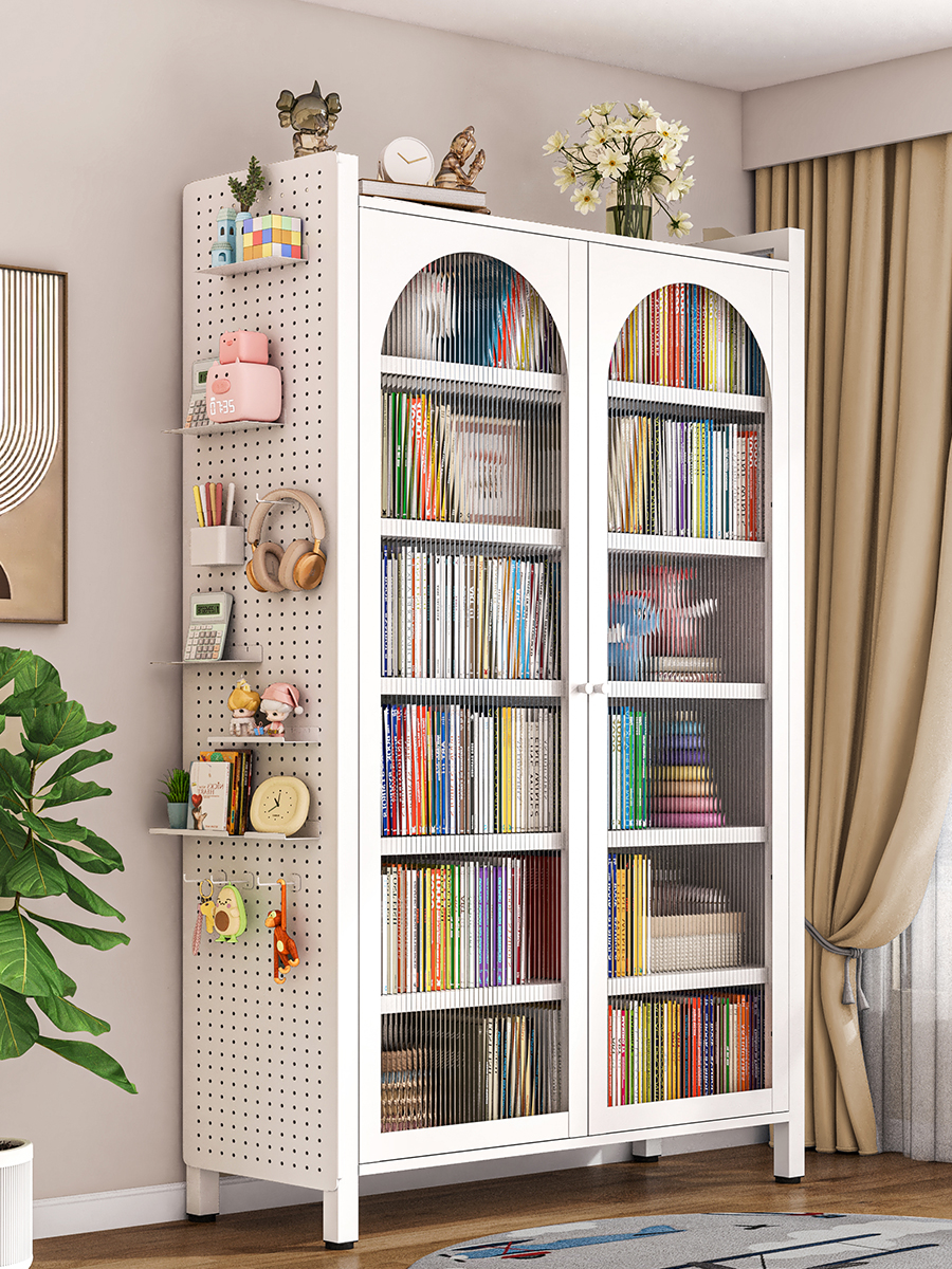 家用钢制书柜多层落地儿童绘本架客厅带门防尘收纳储物柜铁艺书架