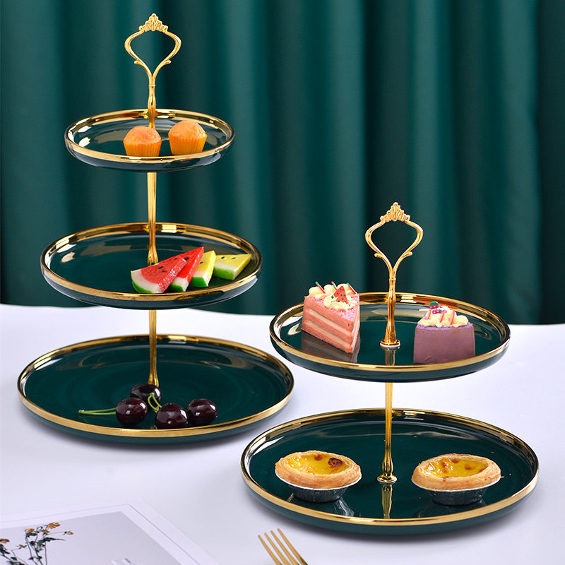 欧式轻奢陶瓷三层水果盘创意客厅家用下午茶糖果甜品架点心托盘