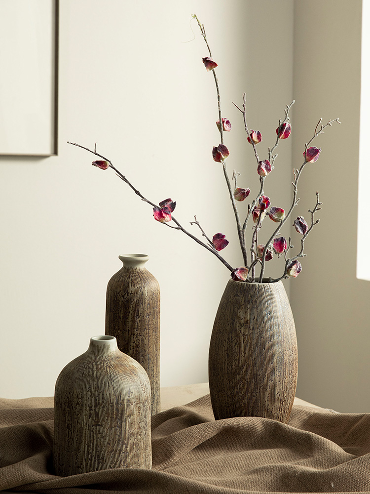 景德镇复古螺纹日式侘寂风装饰品家居台面民宿摆件插干花陶瓷花瓶