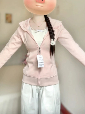 修身卫衣外套女春秋春季开春穿搭套装春装女款收腰上衣粉色女装薄