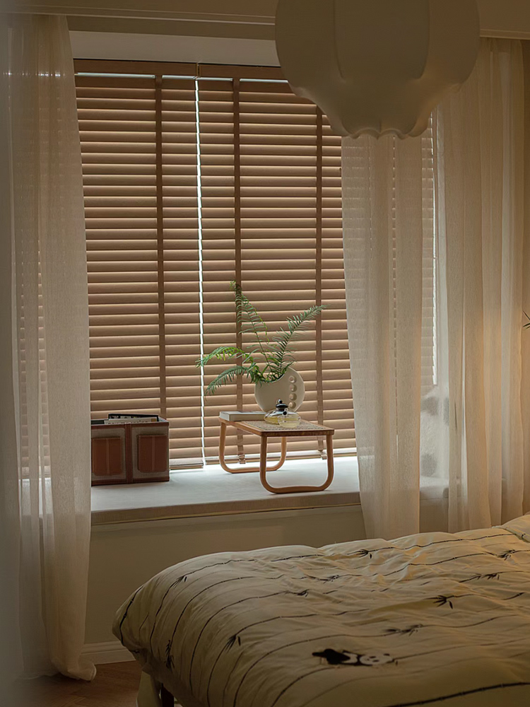 法式中古原木复古风卧室亚麻纱窗帘遮光高级感木百叶遮阳升降卷帘