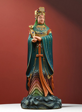 实木雕刻彩绘妈祖神像摆件新中式天上圣母家居客厅玄关装饰工艺品