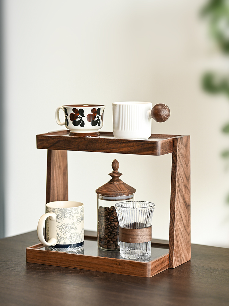 杯子收纳置物架黑胡桃实木马克杯水杯架子咖啡机高级感轻奢收纳架