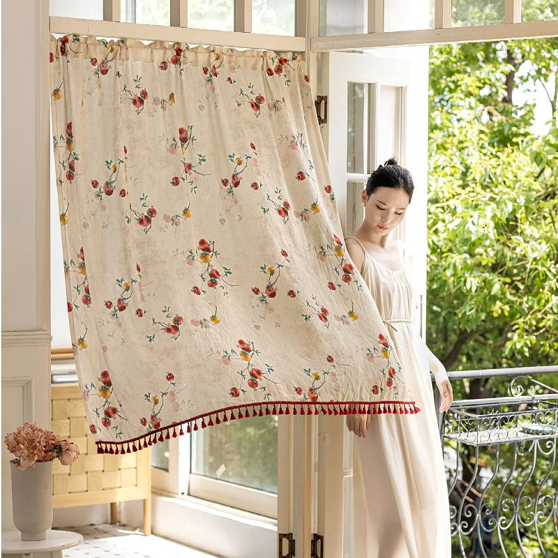石榴红了门帘半帘隔断帘阳台飘窗卧室厨房伸缩杆遮光短帘蕾丝纱帘