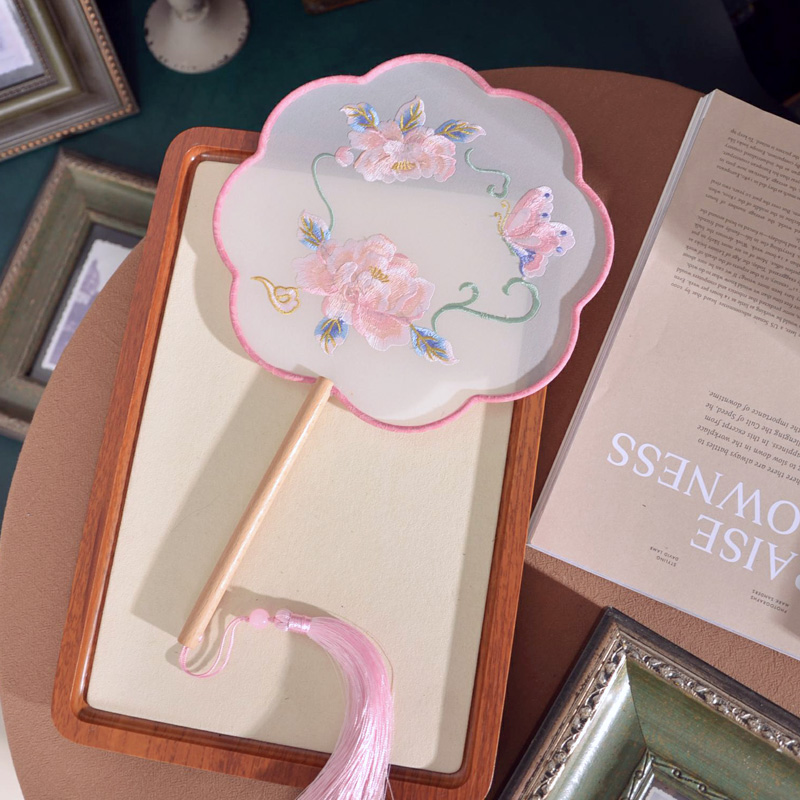 中国风古风汉服长柄宫扇机绣圆扇宫廷扇旗袍走秀扇子刺绣扇团扇绣