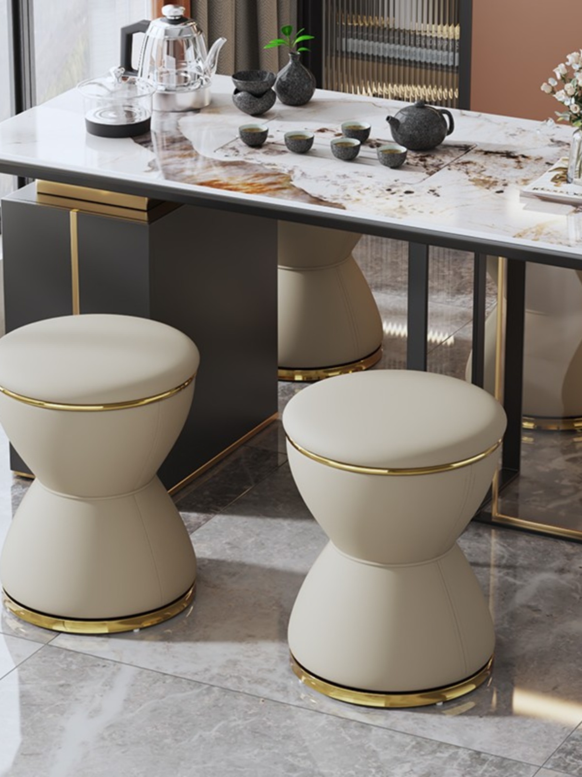 轻奢北欧家用茶桌凳子卧室妆台梳妆凳意式极简功夫茶台皮艺圆凳子