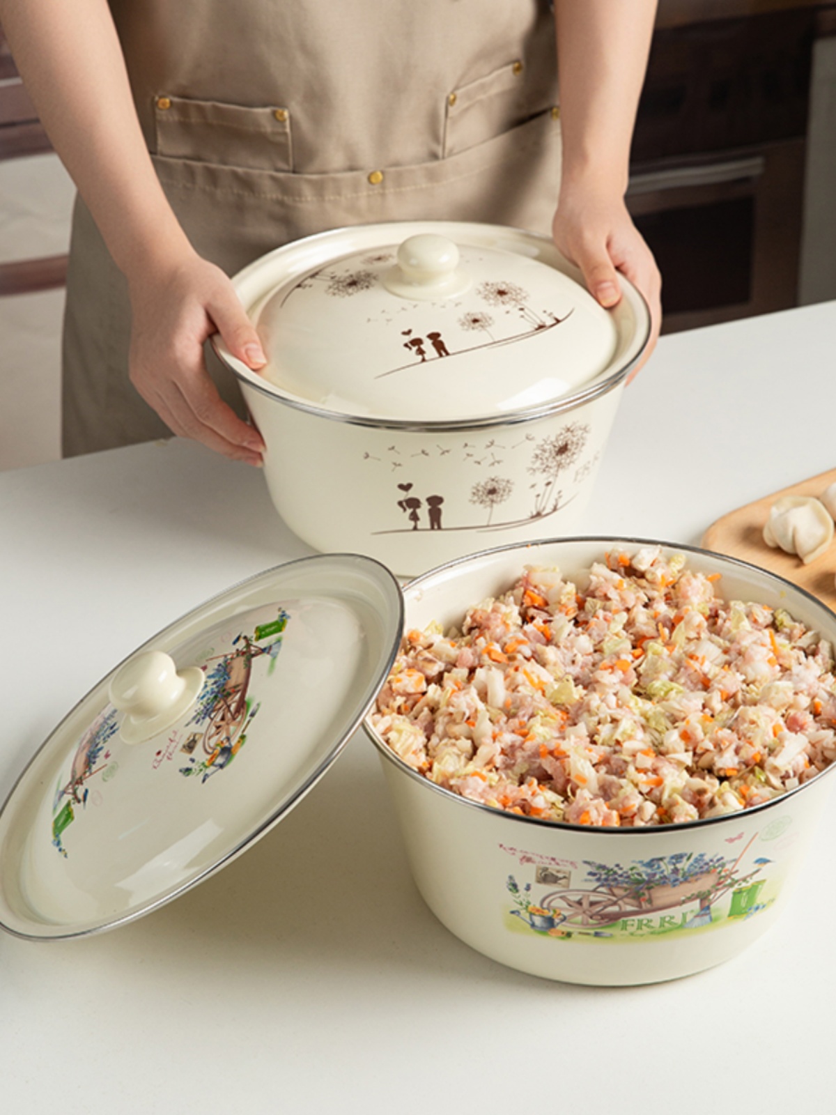 芙蓉润家搪瓷盆猪油罐食品级加厚搪瓷碗带盖家用搪瓷罐厨房和面盆