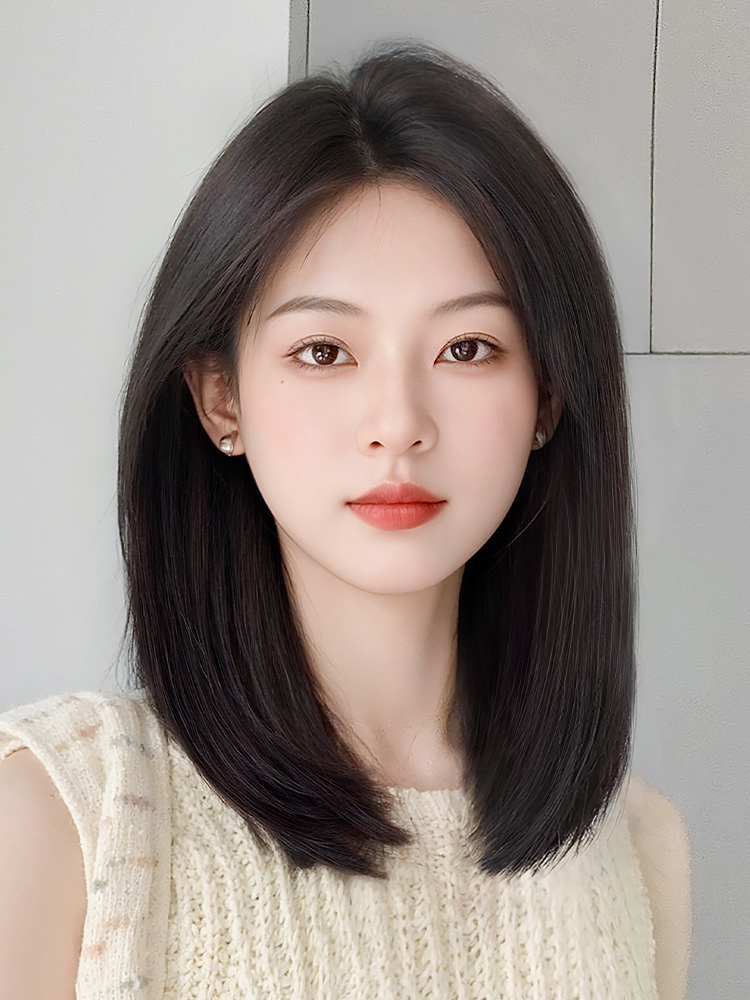 假发全头套女短发真人发丝减龄自然左偏分真发锁骨新款整顶假发套