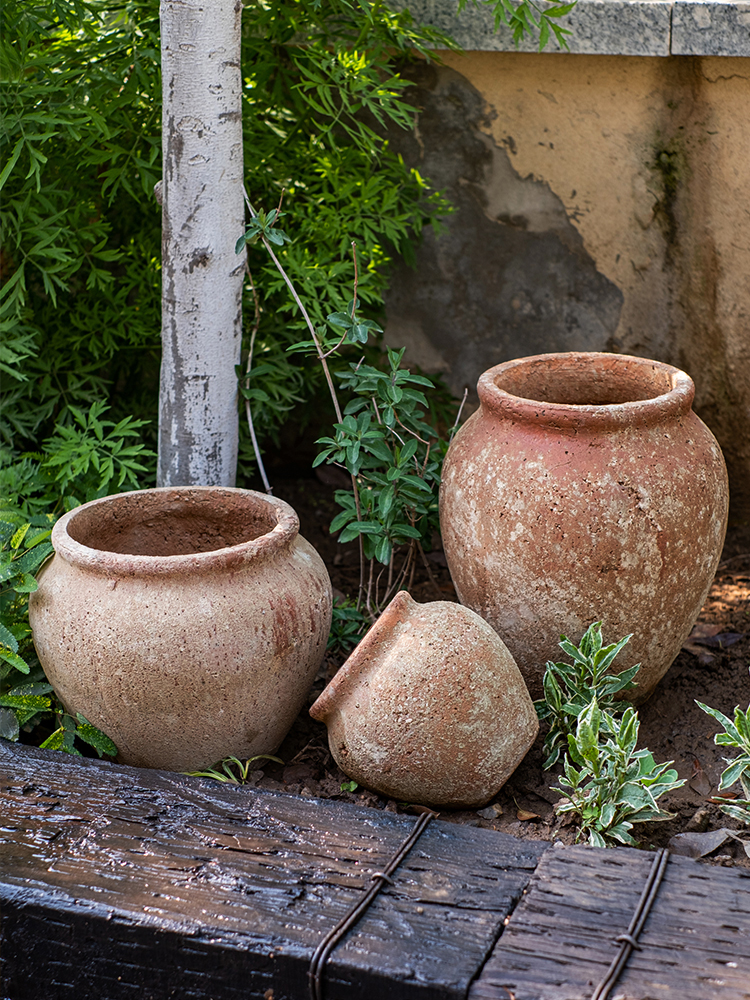 仿陶土花盆大号粗陶罐复古做旧陶瓷绿植盆栽老式花盆花园户外庭院