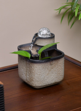 永动循环流水生财小鱼缸山水盆景摆件办公室桌面旋转水晶球风水轮